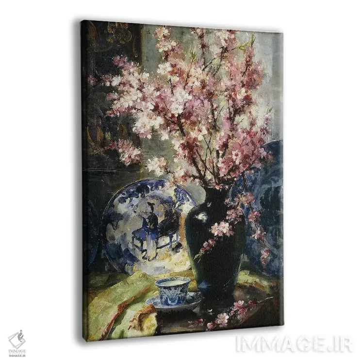 تابلو شکوفههای سیب و ظروف چینی آبیوسفید روی میز اثر فرانس مورتلمانس - نمای پرسپکتیو محصول