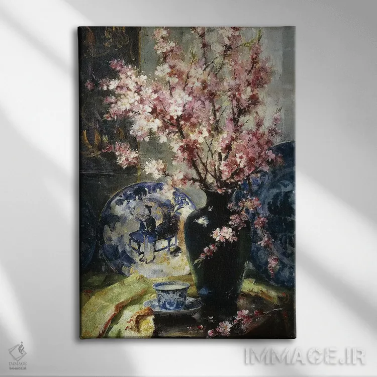 تابلو شکوفههای سیب و ظروف چینی آبیوسفید روی میز اثر فرانس مورتلمانس - نمای روبهرو روی دیوار