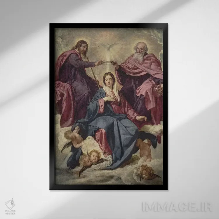 تابلو c.1641-42,تاجگذاری مریم مقدس، حدود ۱۶۴۱-۴۲ (نقاشی معنویتی) اثر دیهگو رودریگز د سیلوا ای ولاسکز (نقاش معروف اسپانیایی) - نمای قابدار مشکی