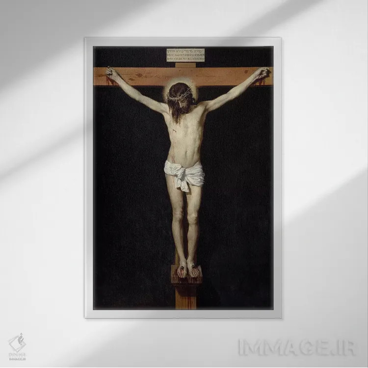 تابلو 1632,به صلیب کشیده شدن مسیح، ۱۶۳۲ (نقاشی معنویتی) اثر دیهگو رودریگز د سیلوا ای ولاسکز (نقاش معروف اسپانیایی) - نمای قابدار سفید