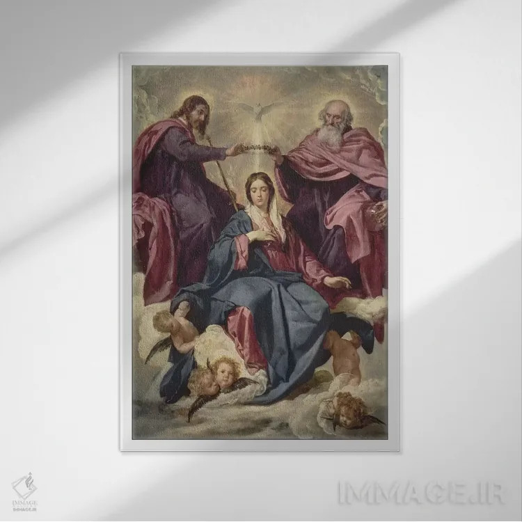 تابلو c.1641-42,تاجگذاری مریم مقدس، حدود ۱۶۴۱-۴۲ (نقاشی معنویتی) اثر دیهگو رودریگز د سیلوا ای ولاسکز (نقاش معروف اسپانیایی) - نمای قابدار سفید