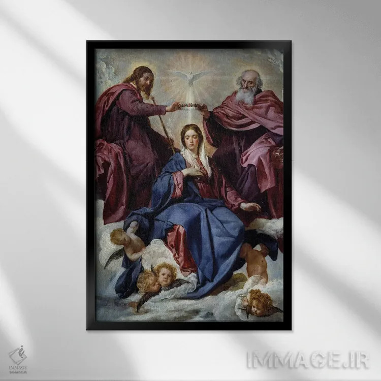 تابلو 1645,تاجگذاری مریم مقدس، ۱۶۴۵ (نقاشی معنویتی) اثر دیهگو رودریگز د سیلوا ای ولاسکز (نقاش معروف اسپانیایی) - نمای قابدار مشکی