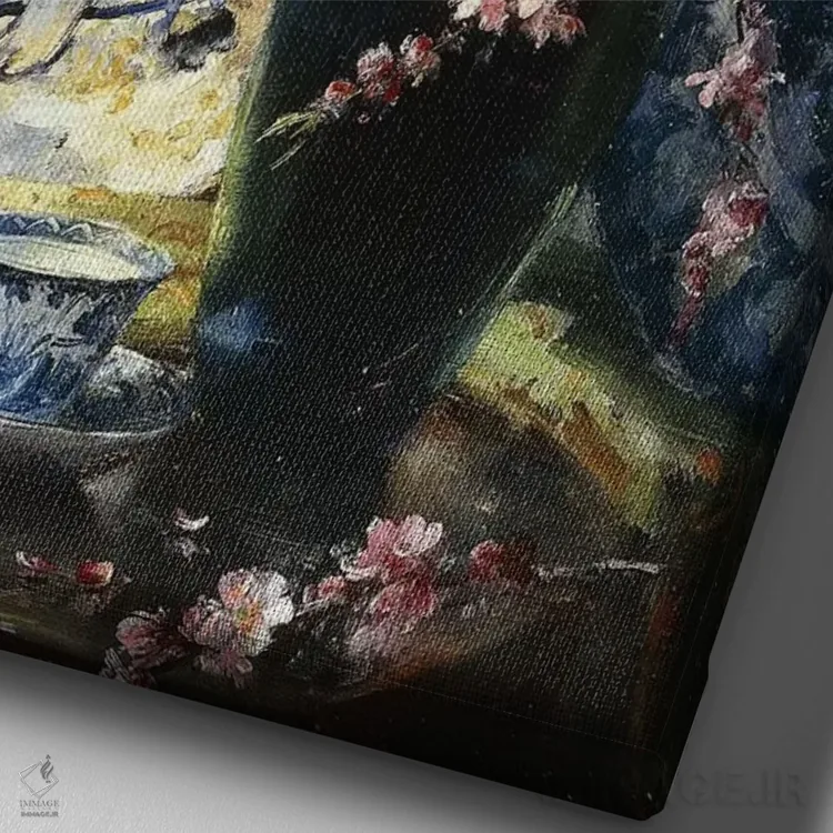 تابلو شکوفههای سیب و ظروف چینی آبیوسفید روی میز اثر فرانس مورتلمانس - نمای نزدیک بافت بوم