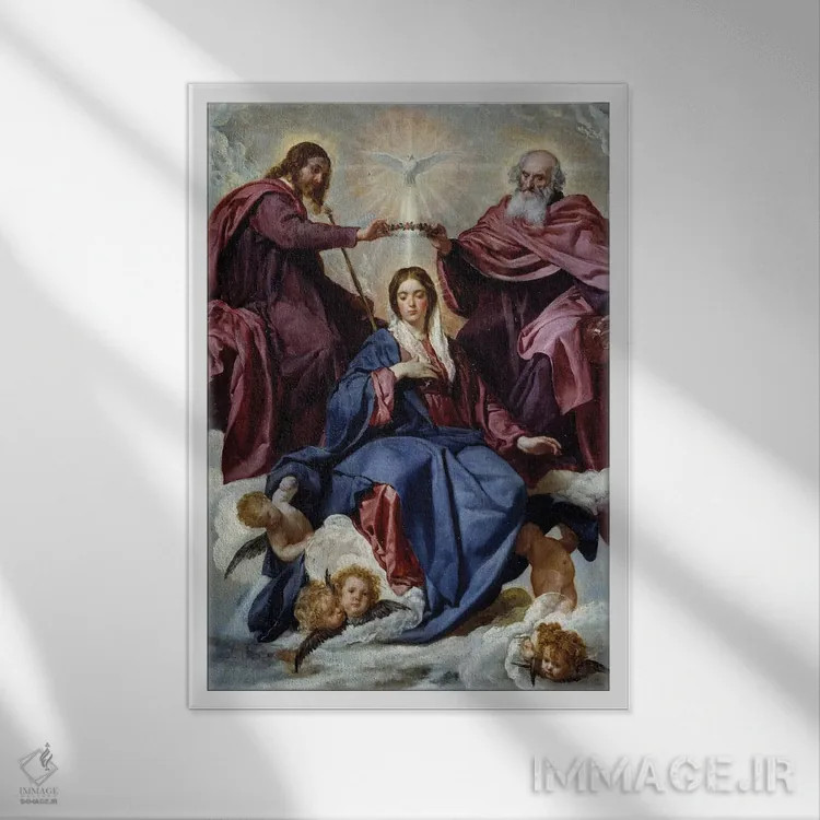 تابلو 1645,تاجگذاری مریم مقدس، ۱۶۴۵ (نقاشی معنویتی) اثر دیهگو رودریگز د سیلوا ای ولاسکز (نقاش معروف اسپانیایی) - نمای قابدار سفید