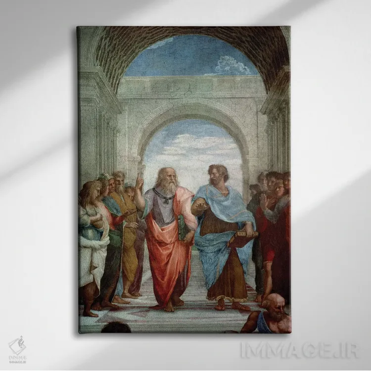 تابلو 1510-11,ارسطو و افلاطون: جزئیات از مدرسه آتن در اتاق امضای اسناد، ۱۵۱۰-۱۱ اثر رافائل (نقاش مشهور رنسانس) - نمای روبهرو روی دیوار
