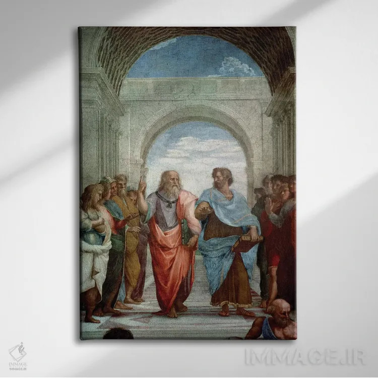 تابلو 1510-11,ارسطو و افلاطون: جزئیات از مدرسه آتن در اتاق امضای اسناد، ۱۵۱۰-۱۱ اثر رافائل (نقاش مشهور رنسانس) - نمای روبهرو روی دیوار