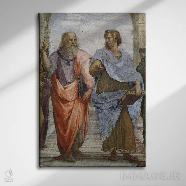 تابلو 1510-11,ارسطو و افلاطون: جزئیات مدرسه آتن، ۱۵۱۰-۱۱ اثر رافائل (نقاش مشهور رنسانس) - نمای روبهرو روی دیوار