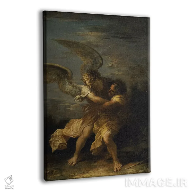 تابلو کشتی گرفتن یعقوب با فرشته (نقاشی معنویتی) اثر سالواتوره روزا (نقاش ایتالیایی) - نمای پرسپکتیو محصول