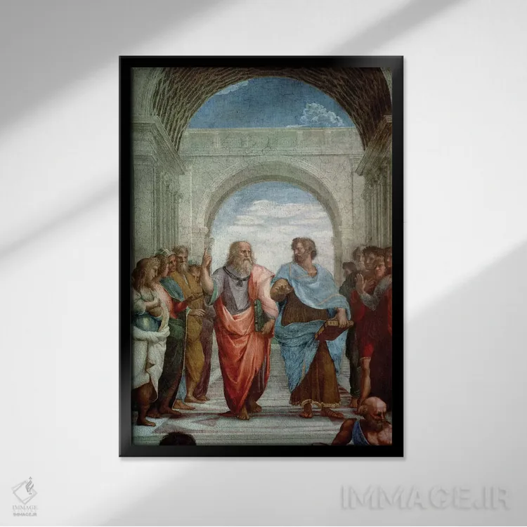 تابلو 1510-11,ارسطو و افلاطون: جزئیات از مدرسه آتن در اتاق امضای اسناد، ۱۵۱۰-۱۱ اثر رافائل (نقاش مشهور رنسانس) - نمای قابدار مشکی