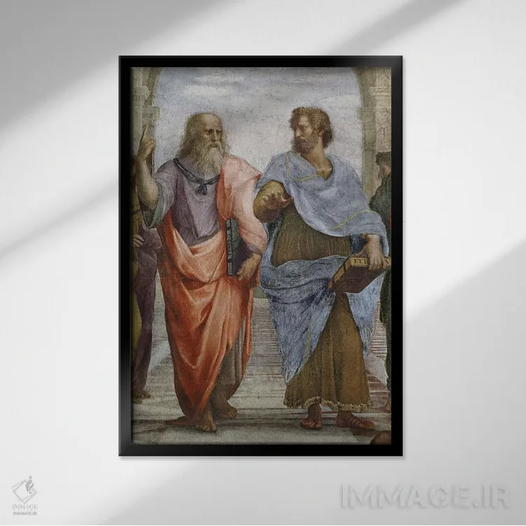 تابلو 1510-11,ارسطو و افلاطون: جزئیات مدرسه آتن، ۱۵۱۰-۱۱ اثر رافائل (نقاش مشهور رنسانس) - نمای قابدار مشکی