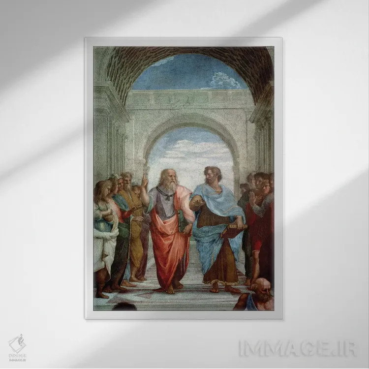 تابلو 1510-11,ارسطو و افلاطون: جزئیات از مدرسه آتن در اتاق امضای اسناد، ۱۵۱۰-۱۱ اثر رافائل (نقاش مشهور رنسانس) - نمای قابدار سفید