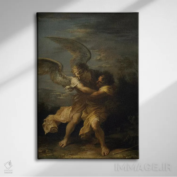 تابلو کشتی گرفتن یعقوب با فرشته (نقاشی معنویتی) اثر سالواتوره روزا (نقاش ایتالیایی) - نمای روبهرو روی دیوار