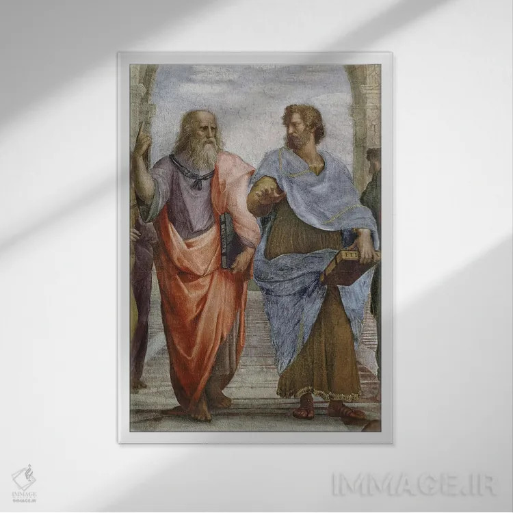 تابلو 1510-11,ارسطو و افلاطون: جزئیات مدرسه آتن، ۱۵۱۰-۱۱ اثر رافائل (نقاش مشهور رنسانس) - نمای قابدار سفید