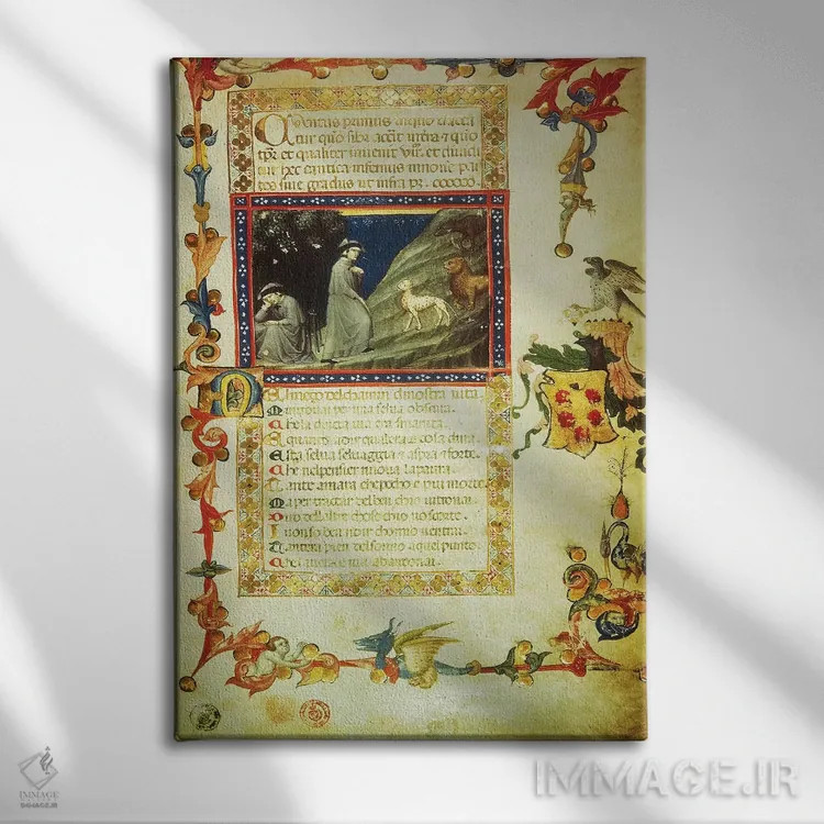 تابلو miniature from Divine Comedy, by Dante Alighieri,نخستین صفحه از اولین سرود دوزخ، نگاره از کمدی الهی، اثر دانته آلیگیری اثر دانته آلیگیری (شاعر و هنرمند ایتالیایی) - نمای روبهرو روی دیوار