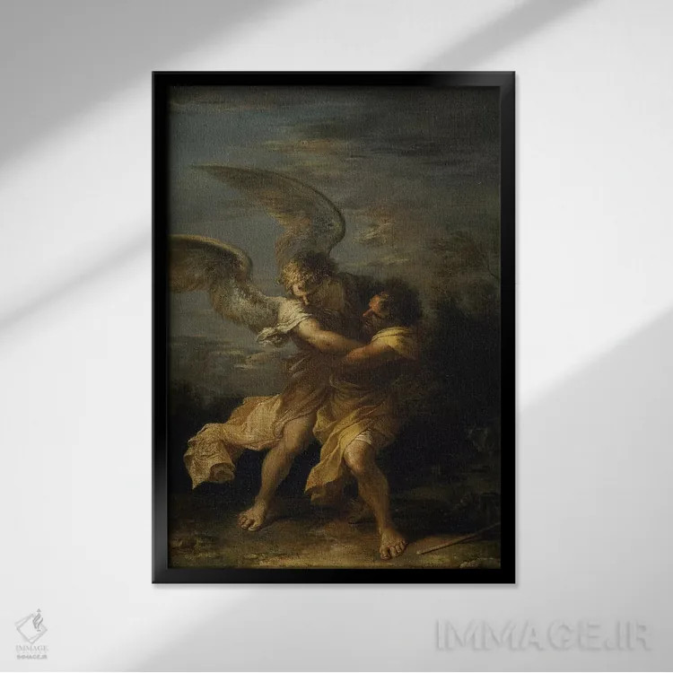 تابلو کشتی گرفتن یعقوب با فرشته (نقاشی معنویتی) اثر سالواتوره روزا (نقاش ایتالیایی) - نمای قابدار مشکی