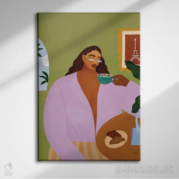 تابلو قهوه و کروسان (نان فرانسوی) اثر بریا نیکول - نمای روبهرو روی دیوار