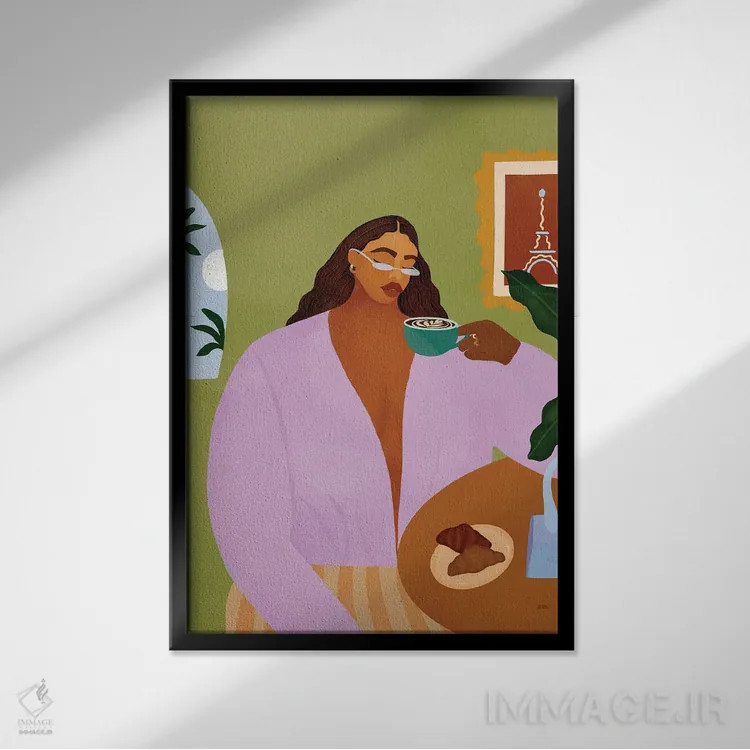 تابلو قهوه و کروسان (نان فرانسوی) اثر بریا نیکول - نمای قابدار مشکی