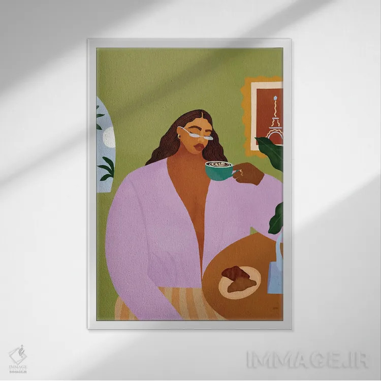 تابلو قهوه و کروسان (نان فرانسوی) اثر بریا نیکول - نمای قابدار سفید