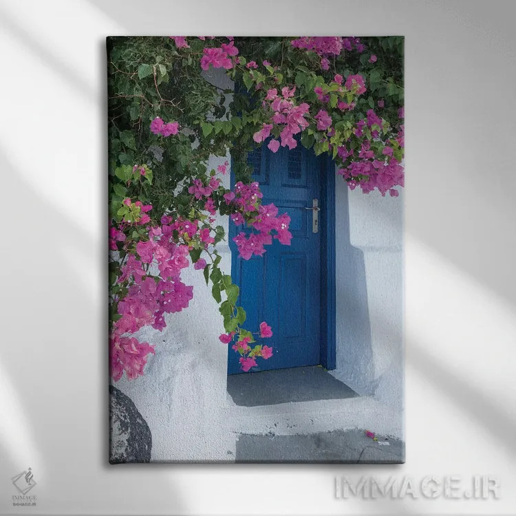 تابلو یونان، سانتورینی. یک در آبی دلانگیز با گلهای صورتی کاغذی در فیروستفانی احاطه شده است اثر برندا ثارپ - نمای روبهرو روی دیوار