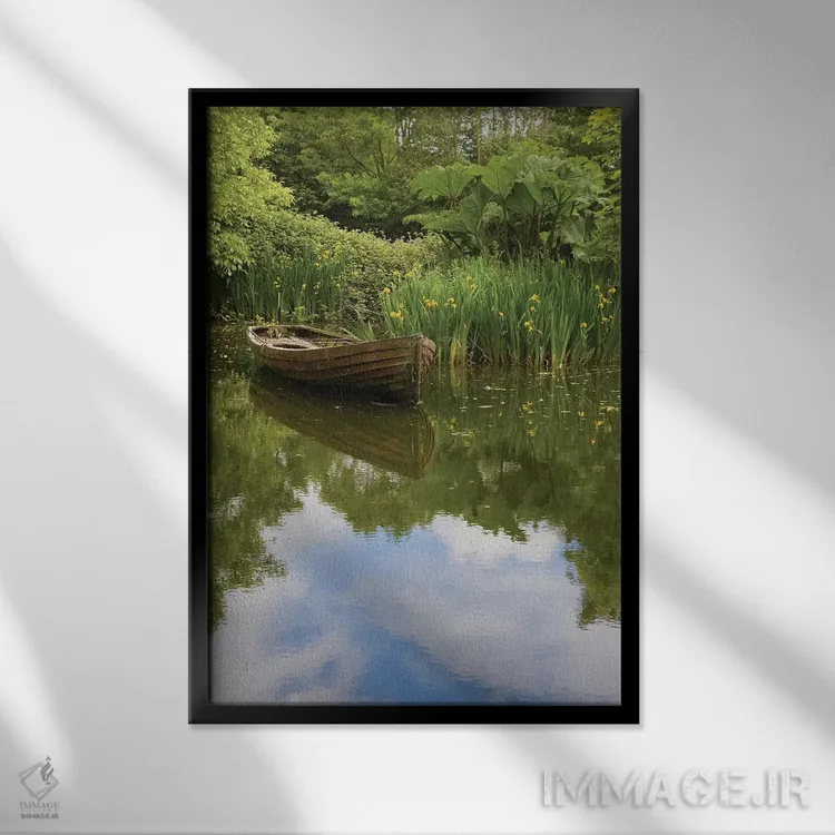 تابلو ایرلند، شهرستان کلیر. قایق قدیمی و تالاب در پارک مردمنگاری بانراتی اثر برندا ثارپ - نمای قابدار مشکی