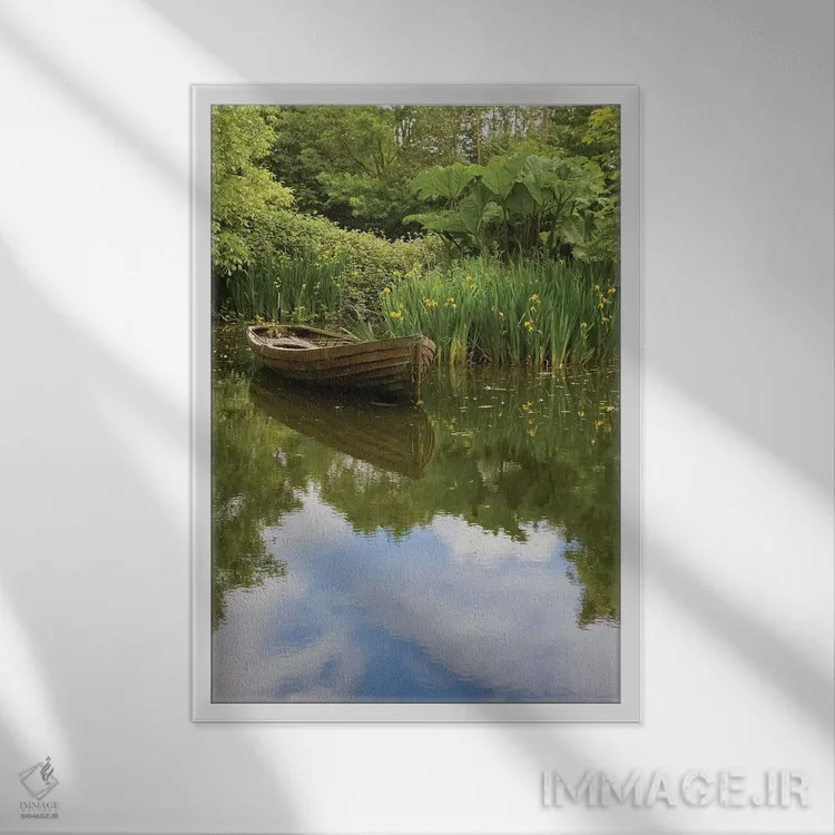 تابلو ایرلند، شهرستان کلیر. قایق قدیمی و تالاب در پارک مردمنگاری بانراتی اثر برندا ثارپ - نمای قابدار سفید
