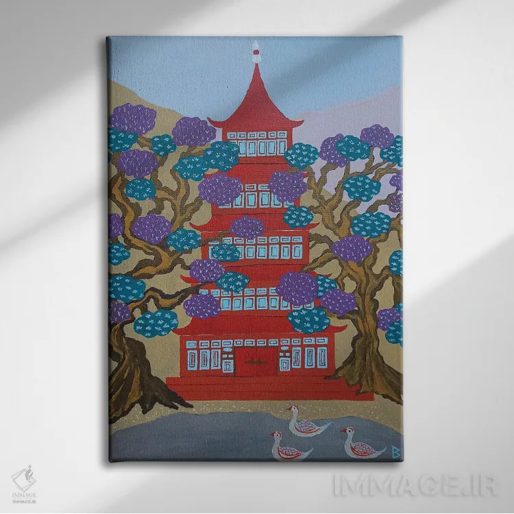 تابلو پاگودای قرمز کنار دریاچه اثر بریت بردال نیلسن - نمای روبهرو روی دیوار