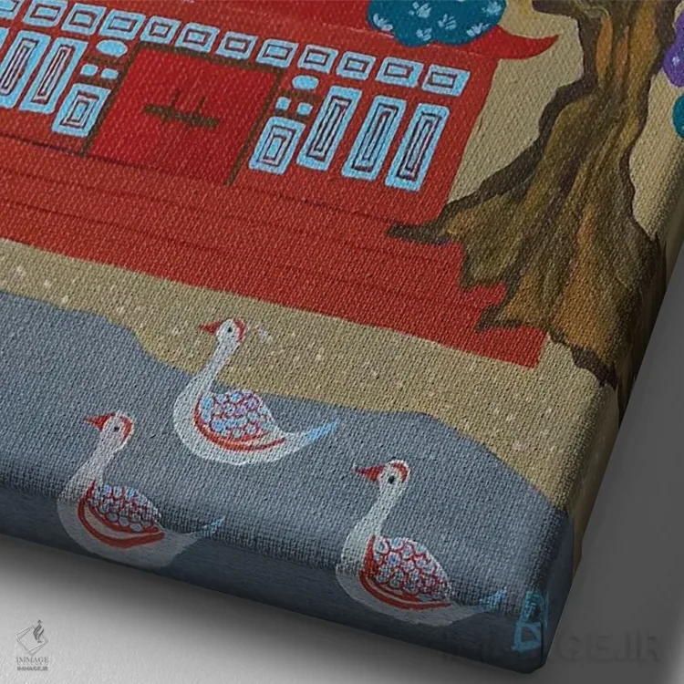 تابلو پاگودای قرمز کنار دریاچه اثر بریت بردال نیلسن - نمای نزدیک بافت بوم