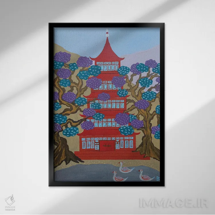 تابلو پاگودای قرمز کنار دریاچه اثر بریت بردال نیلسن - نمای قابدار مشکی