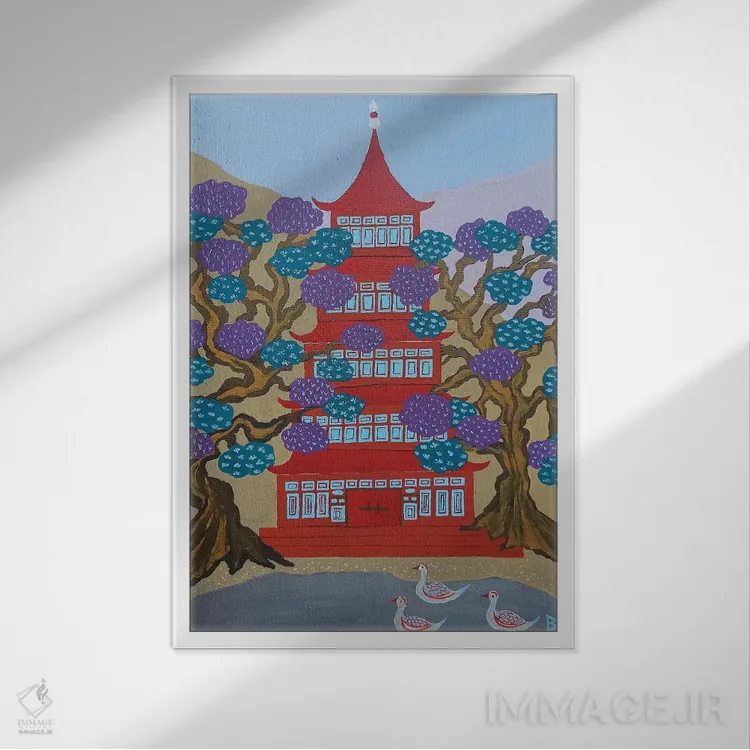 تابلو پاگودای قرمز کنار دریاچه اثر بریت بردال نیلسن - نمای قابدار سفید