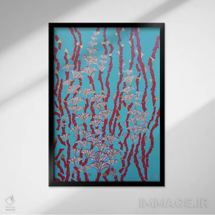 تابلو مرجانهای قرمز با گلهای طلایی اثر بریت بردال نیلسن - نمای قابدار مشکی