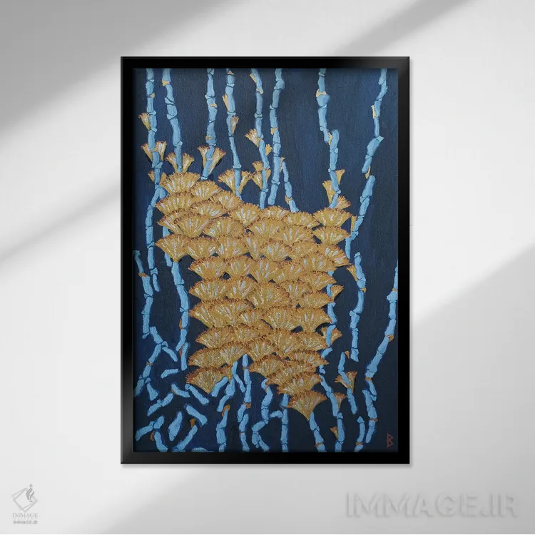 تابلو مرجانهای آبی و گلهای طلایی اثر بریت بردال نیلسن - نمای قابدار مشکی
