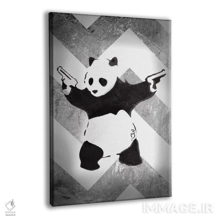 تابلو پاندا با اسلحه روی شورون نقرهای اثر هنرمند ناشناس - نمای پرسپکتیو محصول