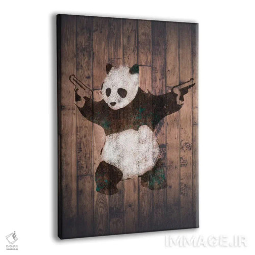 تابلو پاندا با اسلحه روی آجرهای چوبی گرم اثر هنرمند ناشناس - نمای پرسپکتیو محصول
