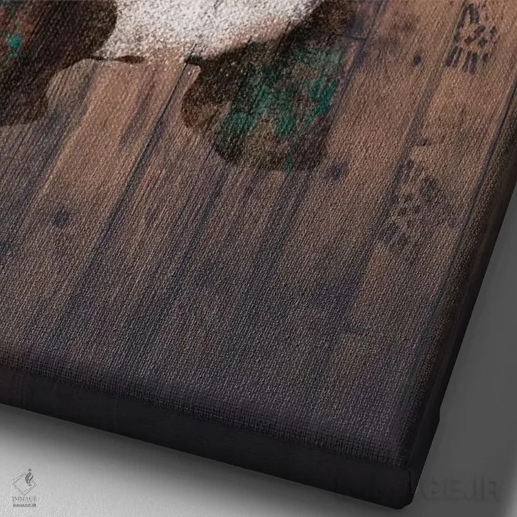 تابلو پاندا با اسلحه روی آجرهای چوبی گرم اثر هنرمند ناشناس - نمای نزدیک بافت بوم