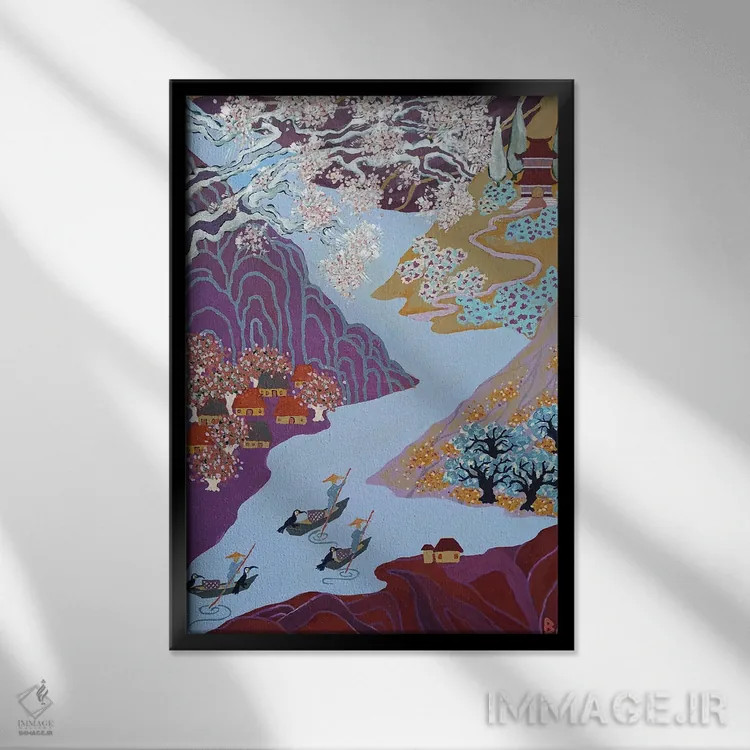 تابلو بهار کنار رودخانه پیچان اثر بریت بردال نیلسن - نمای قابدار مشکی
