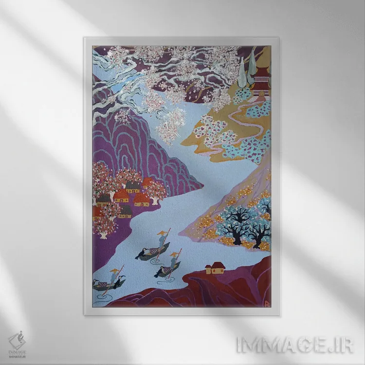 تابلو بهار کنار رودخانه پیچان اثر بریت بردال نیلسن - نمای قابدار سفید