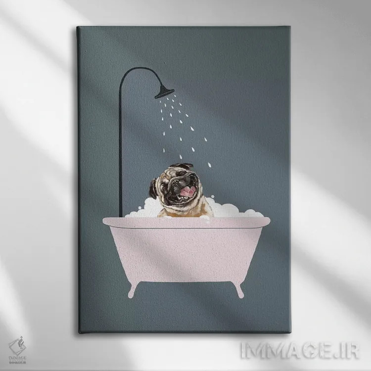 تابلو پاگ خندان در حال لذت بردن از حمام کف اثر بگ نوز ورک (استودیو) - نمای روبهرو روی دیوار