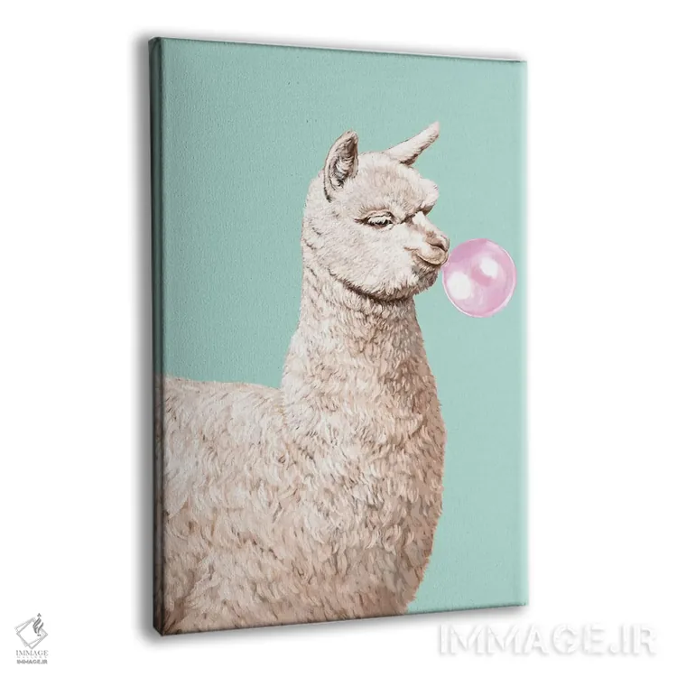 تابلو آلپاکای بازیگوش در حال جویدن آدامس بادکنکی سبز اثر بگ نوز ورک (استودیو) - نمای پرسپکتیو محصول