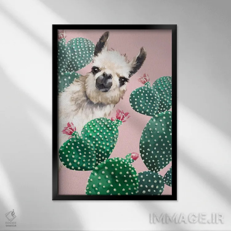 تابلو لاما و کاکتوس اثر بگ نوز ورک (استودیو) - نمای قابدار مشکی