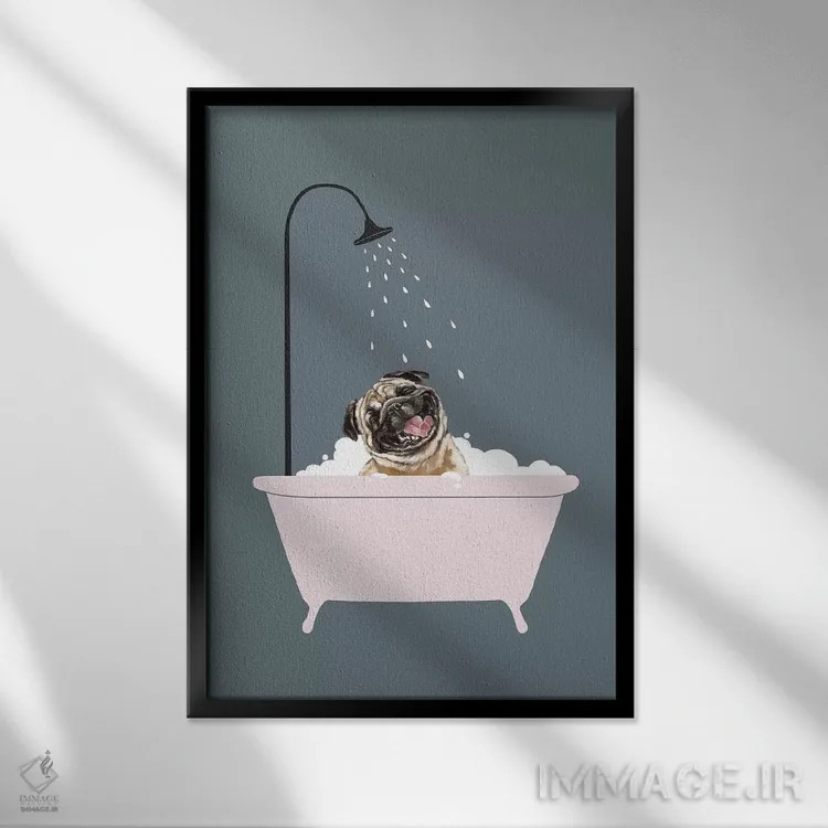 تابلو پاگ خندان در حال لذت بردن از حمام کف اثر بگ نوز ورک (استودیو) - نمای قابدار مشکی