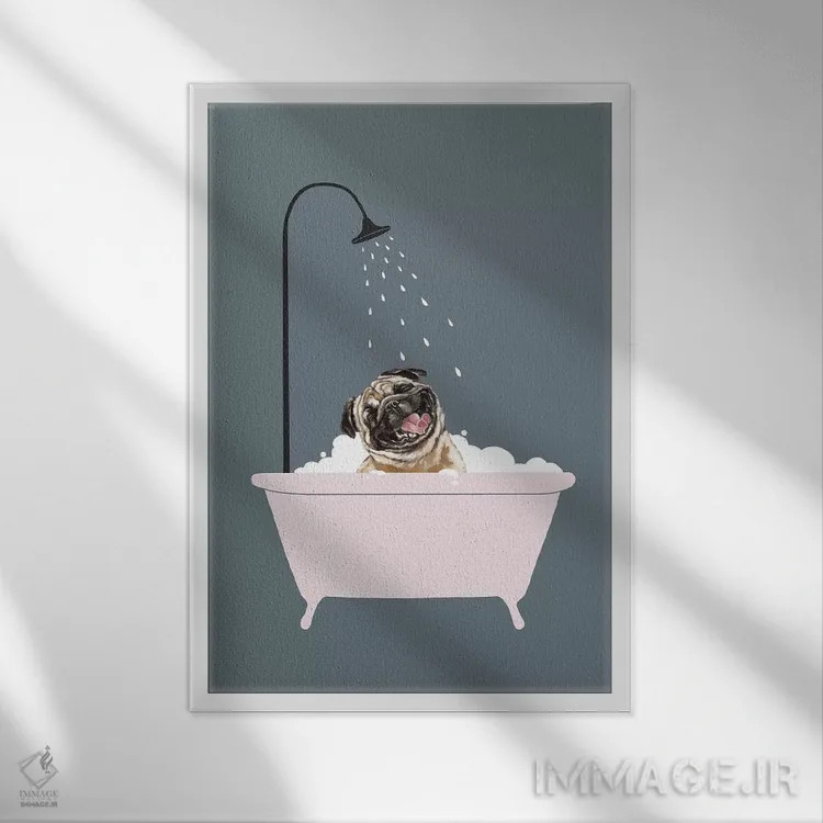 تابلو پاگ خندان در حال لذت بردن از حمام کف اثر بگ نوز ورک (استودیو) - نمای قابدار سفید