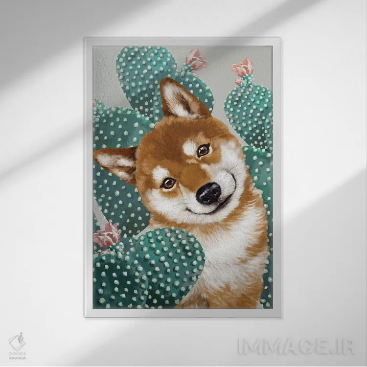 تابلو شیبا اینو با کاکتوس اثر بگ نوز ورک (استودیو) - نمای قابدار سفید