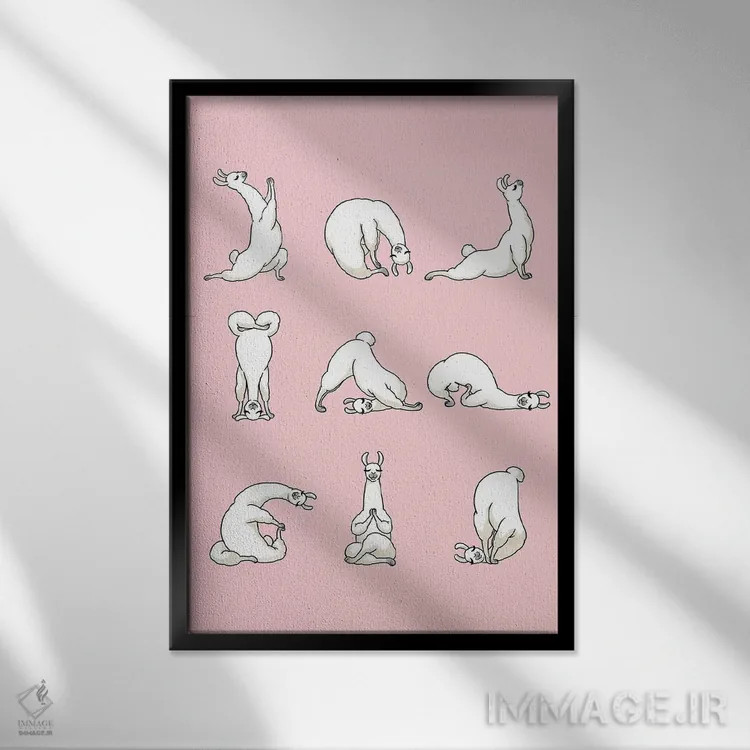 تابلو لامای یوگا کار در رنگ صورتی اثر بگ نوز ورک (استودیو) - نمای قابدار مشکی