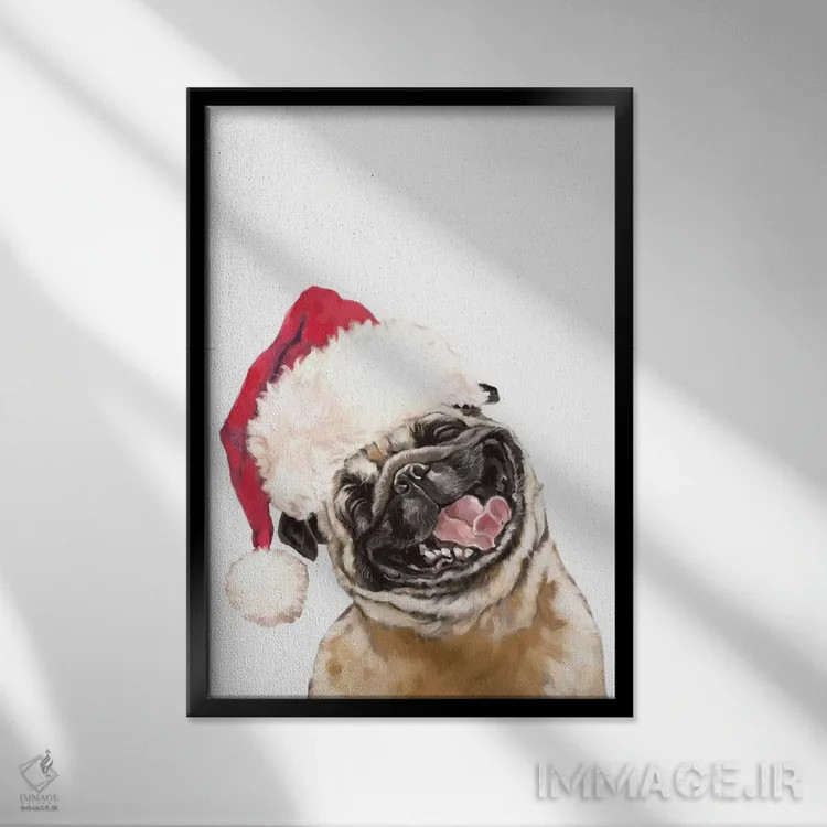 تابلو پاگ خندان کریسمسی اثر بگ نوز ورک (استودیو) - نمای قابدار مشکی