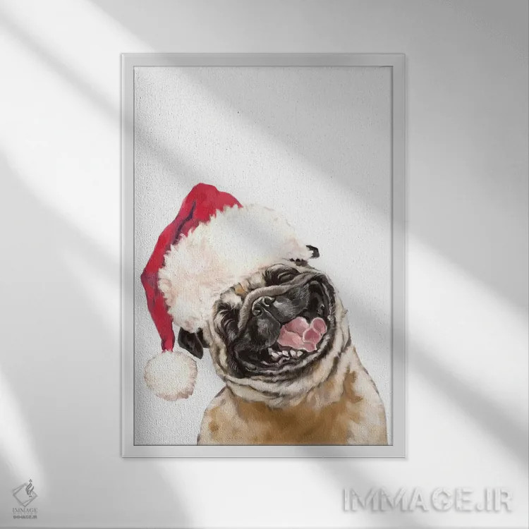 تابلو پاگ خندان کریسمسی اثر بگ نوز ورک (استودیو) - نمای قابدار سفید