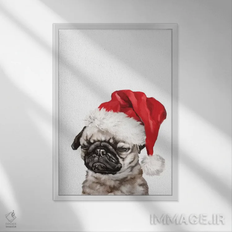 تابلو پاگ در حال مدیتیشن کریسمسی اثر بگ نوز ورک (استودیو) - نمای قابدار سفید