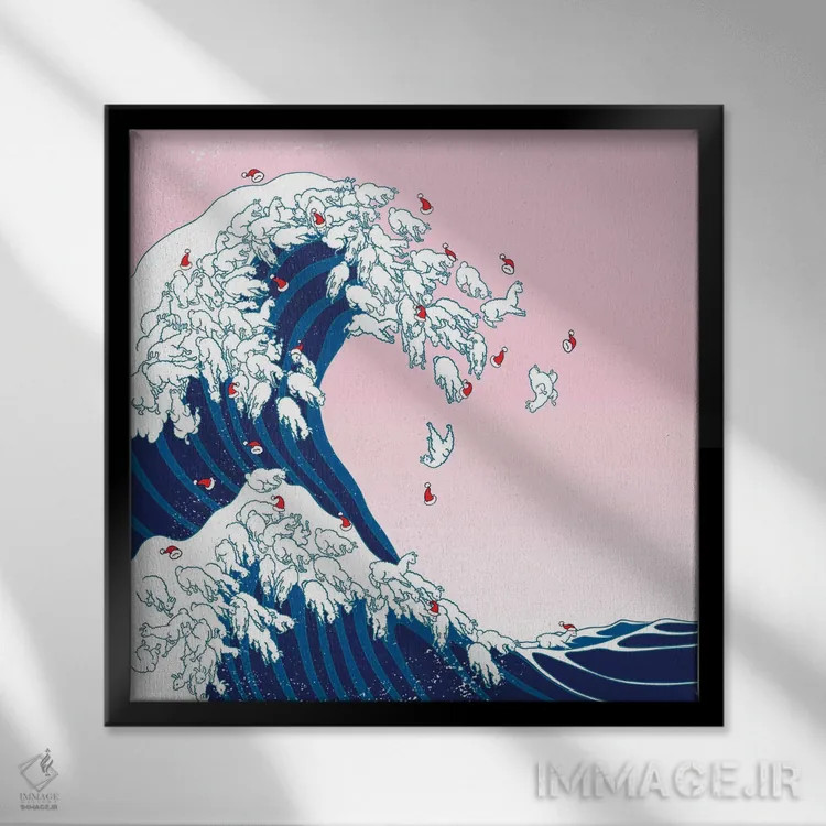 تابلو لامای کریسمسی با موجهای بزرگ در رنگ صورتی اثر بگ نوز ورک (استودیو) - نمای قابدار مشکی