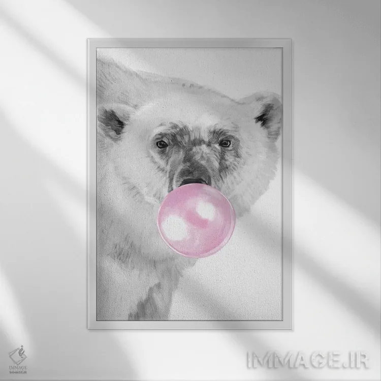 تابلو خرس قطبی با آدامس بادکنکی اثر بگ نوز ورک (استودیو) - نمای قابدار سفید