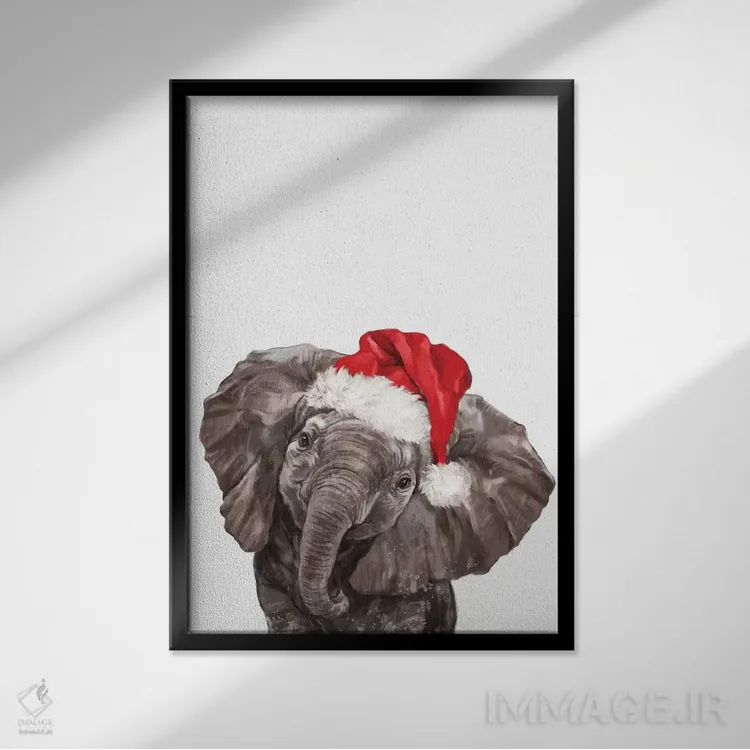 تابلو بچه فیل کریسمسی اثر بگ نوز ورک (استودیو) - نمای قابدار مشکی