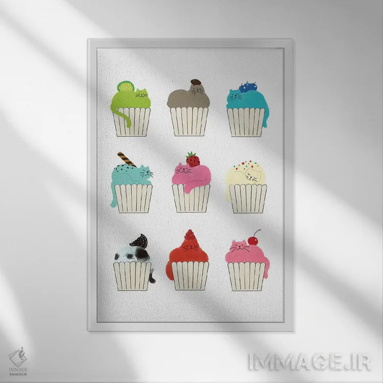 تابلو طعمهای گربهلیوانی (Cupcat یک گربه با ظاهر بستنی کاپکیکی است) اثر بگ نوز ورک (استودیو) - نمای قابدار سفید